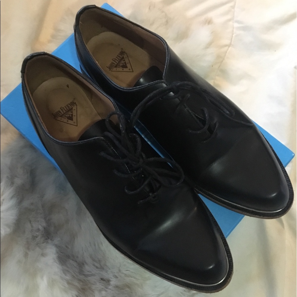 John Fluevog pointed leather loafer with gold toe